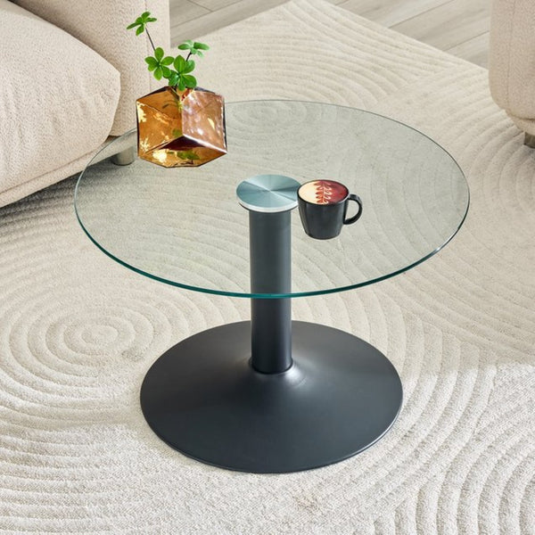 English Elm 27.5-inch Round Tempered Glass Coffee Table Matte Metal Base Modern Living Room Black W1151P439522