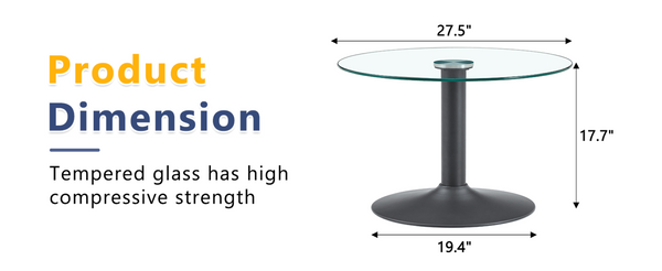 English Elm 27.5-inch Round Tempered Glass Coffee Table Matte Metal Base Modern Living Room Black W1151P439522
