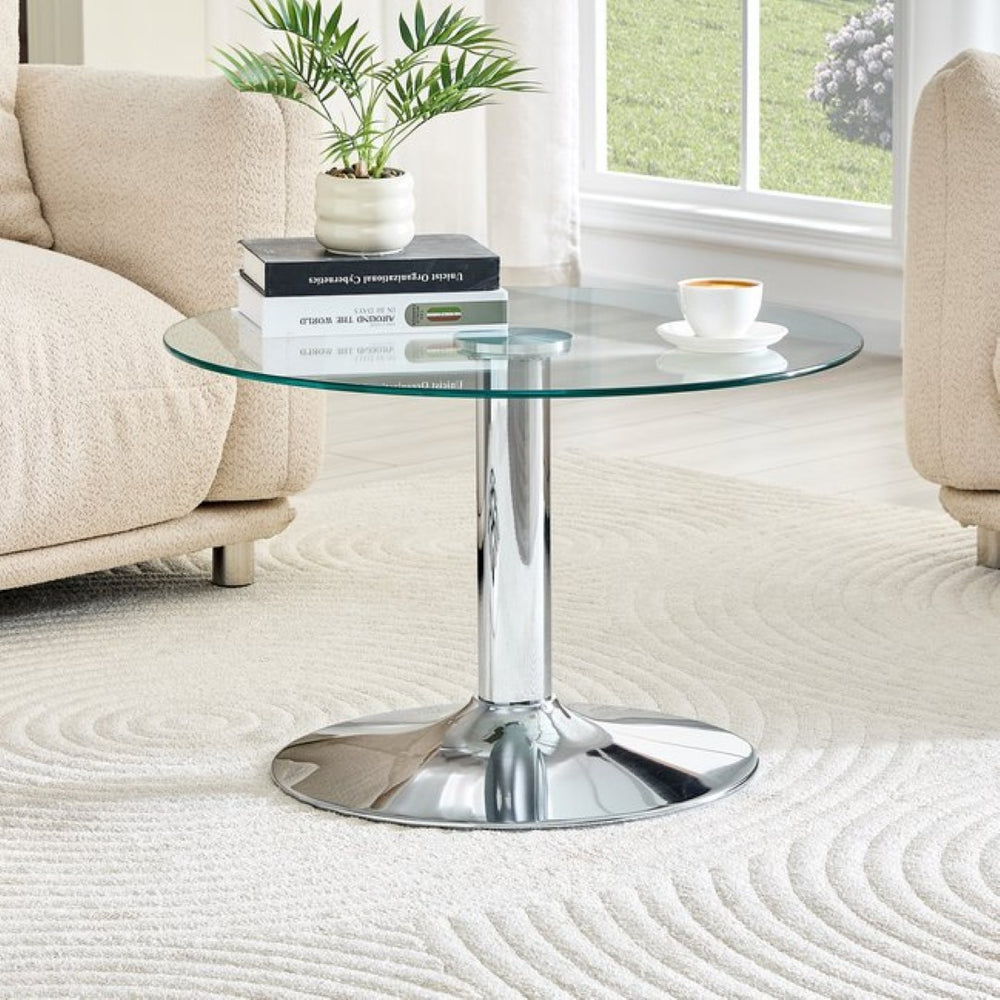 English Elm 27.5-inch Round Tempered Glass Coffee Table Matte Metal Base Modern Living Room Silver W1151P439523