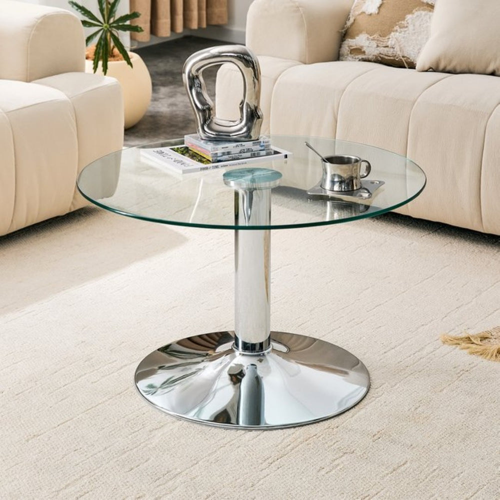 English Elm 27.5-inch Round Tempered Glass Coffee Table Matte Metal Base Modern Living Room Silver W1151P439523