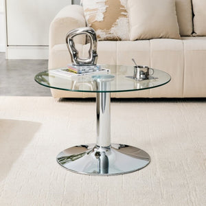 English Elm 27.5-inch Round Tempered Glass Coffee Table Matte Metal Base Modern Living Room Silver W1151P439523