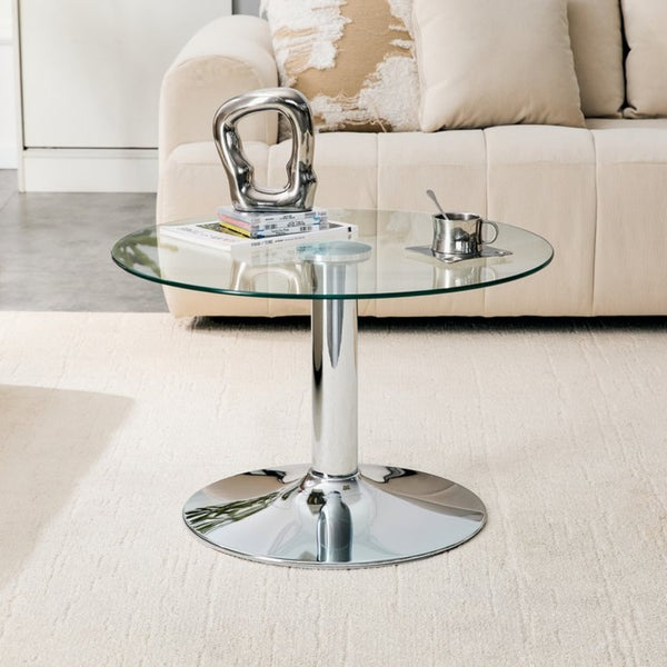 English Elm 27.5-inch Round Tempered Glass Coffee Table Matte Metal Base Modern Living Room Silver W1151P439523