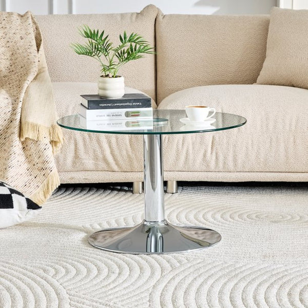 English Elm 27.5-inch Round Tempered Glass Coffee Table Matte Metal Base Modern Living Room Silver W1151P439523