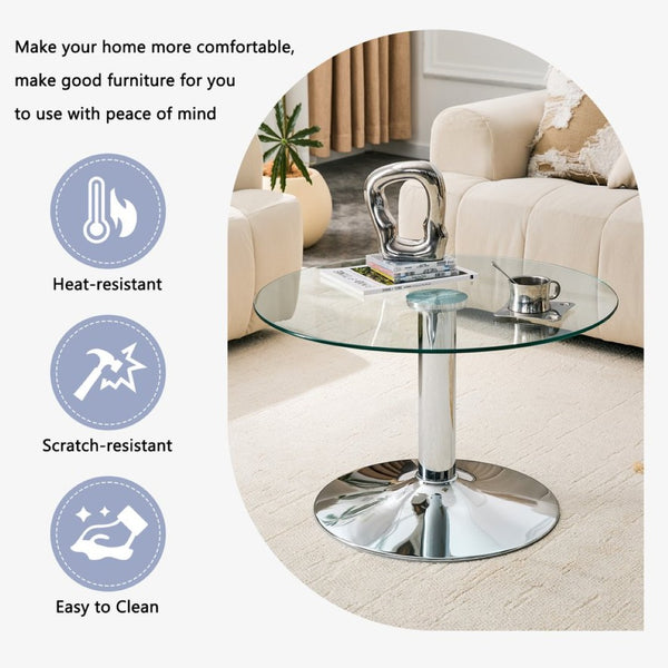 English Elm 27.5-inch Round Tempered Glass Coffee Table Matte Metal Base Modern Living Room Silver W1151P439523