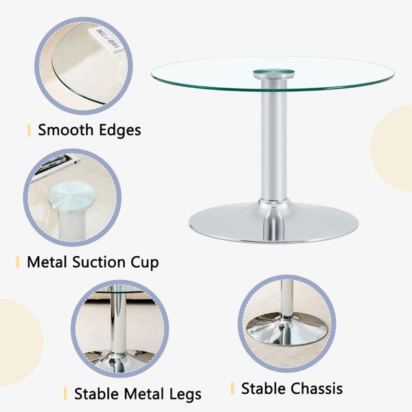 English Elm 27.5-inch Round Tempered Glass Coffee Table Matte Metal Base Modern Living Room Silver W1151P439523