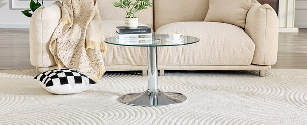 English Elm 27.5-inch Round Tempered Glass Coffee Table Matte Metal Base Modern Living Room Silver W1151P439523