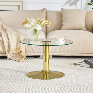 English Elm 27.5-inch Round Tempered Glass Coffee Table Matte Metal Base Modern Living Room Gold W1151P439524
