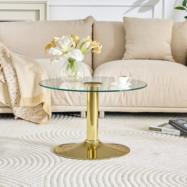 English Elm 27.5-inch Round Tempered Glass Coffee Table Matte Metal Base Modern Living Room Gold W1151P439524