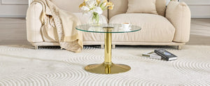 English Elm 27.5-inch Round Tempered Glass Coffee Table Matte Metal Base Modern Living Room Gold W1151P439524