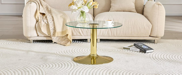 English Elm 27.5-inch Round Tempered Glass Coffee Table Matte Metal Base Modern Living Room Gold W1151P439524