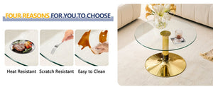 English Elm 27.5-inch Round Tempered Glass Coffee Table Matte Metal Base Modern Living Room Gold W1151P439524