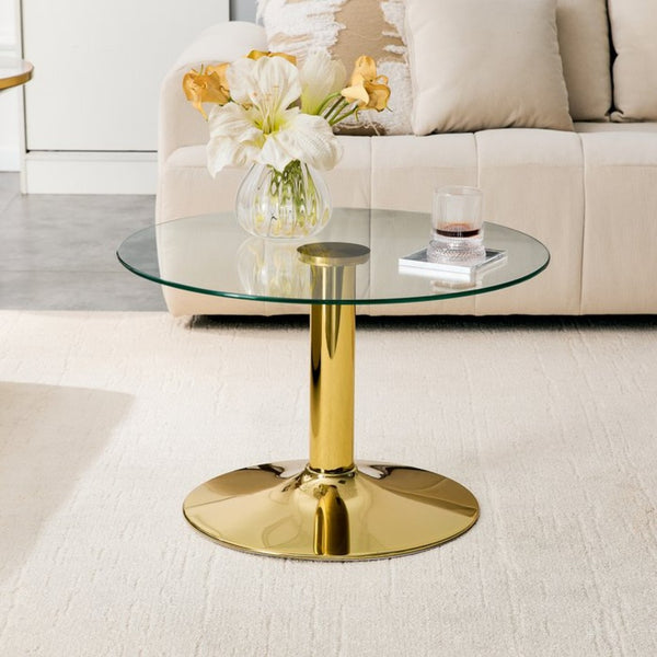 English Elm 27.5-inch Round Tempered Glass Coffee Table Matte Metal Base Modern Living Room Gold W1151P439524
