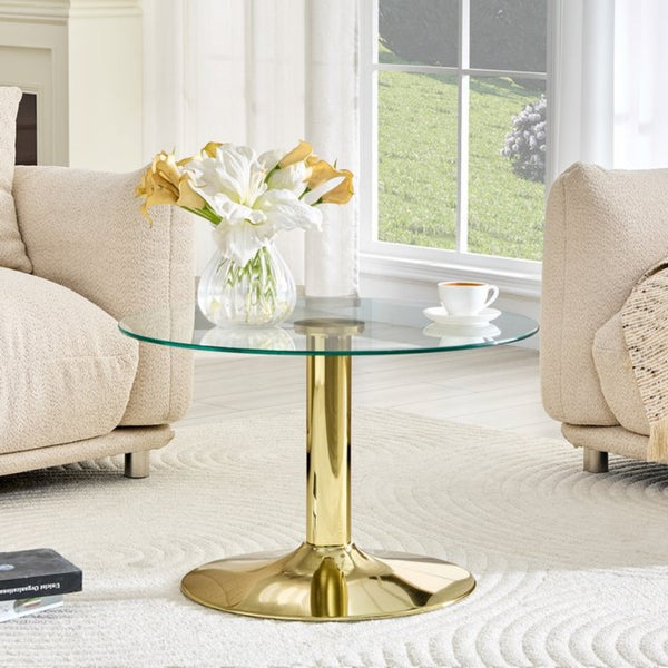 English Elm 27.5-inch Round Tempered Glass Coffee Table Matte Metal Base Modern Living Room Gold W1151P439524