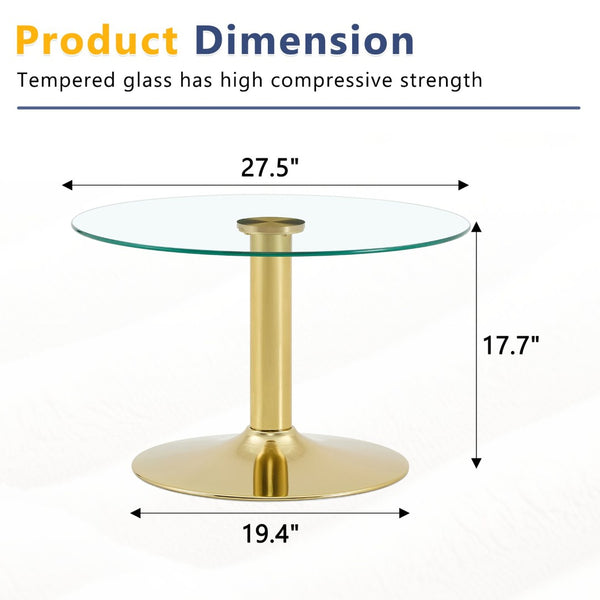 English Elm 27.5-inch Round Tempered Glass Coffee Table Matte Metal Base Modern Living Room Gold W1151P439524