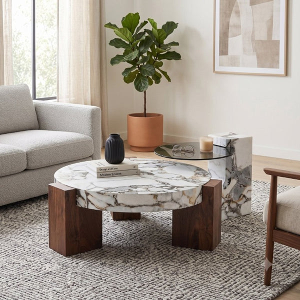 English Elm A Marble Effect and Glass Nesting Coffee Table Set for Modern Living Spaces W1151P444421