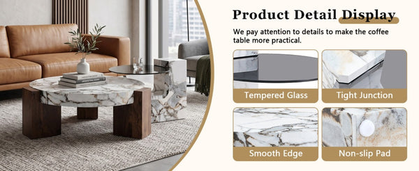 English Elm A Marble Effect and Glass Nesting Coffee Table Set for Modern Living Spaces W1151P444421