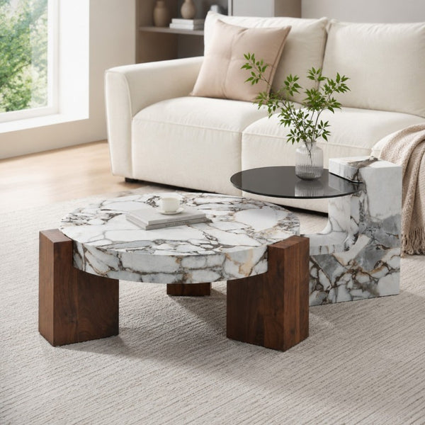 English Elm A Marble Effect and Glass Nesting Coffee Table Set for Modern Living Spaces W1151P444421