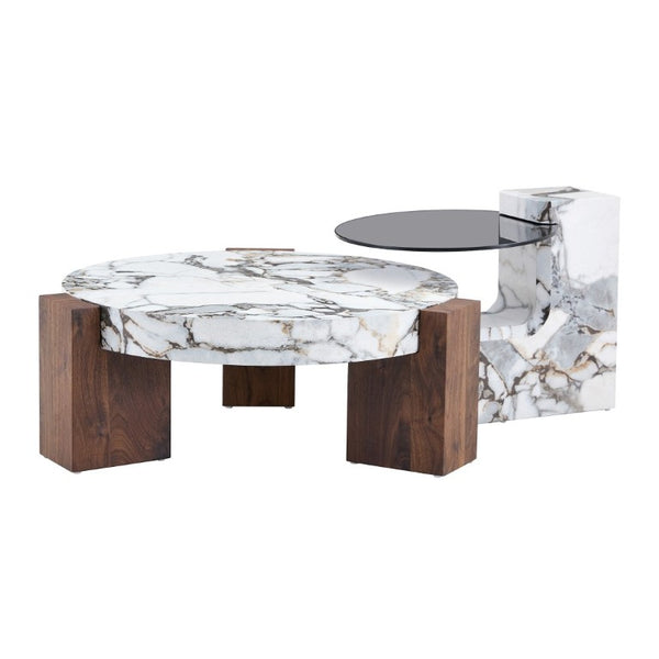 English Elm A Marble Effect and Glass Nesting Coffee Table Set for Modern Living Spaces W1151P444421