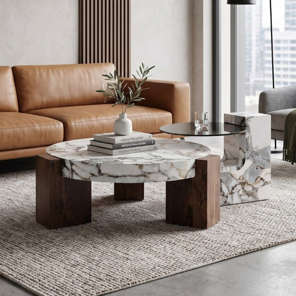 English Elm A Marble Effect and Glass Nesting Coffee Table Set for Modern Living Spaces W1151P444421