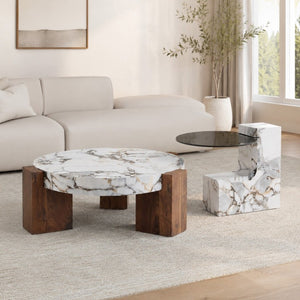 English Elm A Marble Effect and Glass Nesting Coffee Table Set for Modern Living Spaces W1151P444421