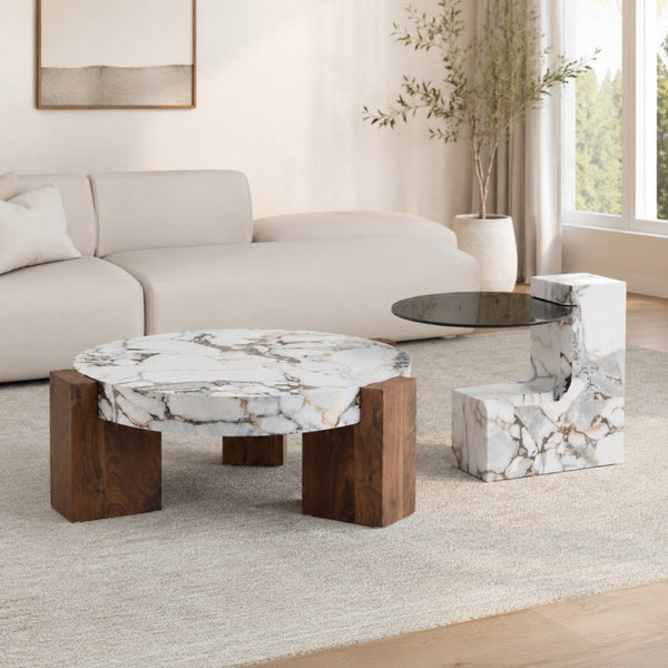 English Elm A Marble Effect and Glass Nesting Coffee Table Set for Modern Living Spaces W1151P444421