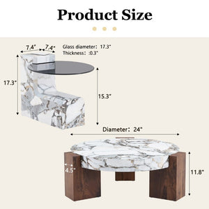 English Elm A Marble Effect and Glass Nesting Coffee Table Set for Modern Living Spaces W1151P444421