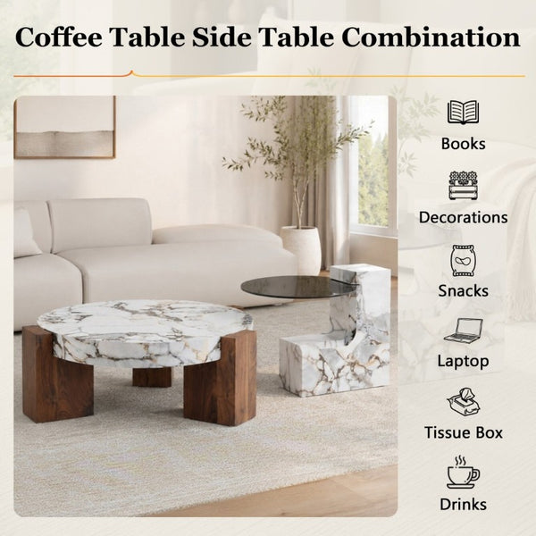 English Elm A Marble Effect and Glass Nesting Coffee Table Set for Modern Living Spaces W1151P444421