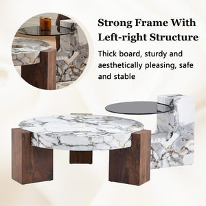 English Elm A Marble Effect and Glass Nesting Coffee Table Set for Modern Living Spaces W1151P444421