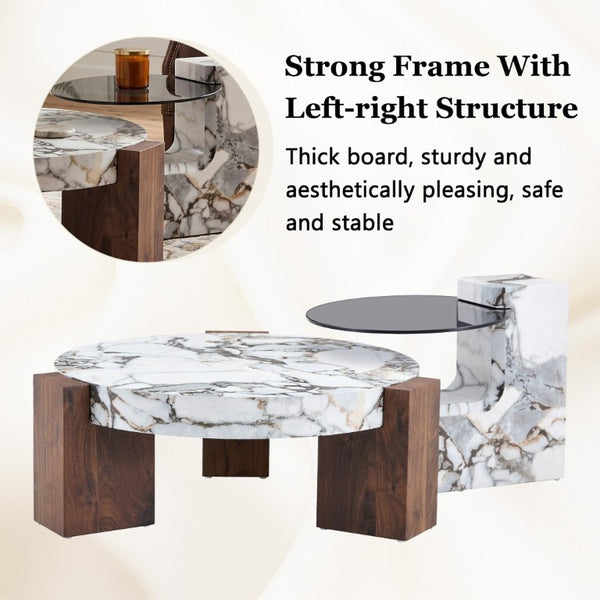 English Elm A Marble Effect and Glass Nesting Coffee Table Set for Modern Living Spaces W1151P444421