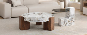 English Elm A Marble Effect and Glass Nesting Coffee Table Set for Modern Living Spaces W1151P444421