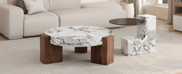 English Elm A Marble Effect and Glass Nesting Coffee Table Set for Modern Living Spaces W1151P444421
