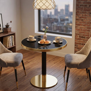 English Elm 23.6 Inch Round Faux Marble Bistro Table with Stainless Steel Edge and Metal Base Black - A W1151P445184