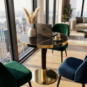 English Elm 23.6 Inch Round Faux Marble Bistro Table with Stainless Steel Edge and Metal Base Black - A W1151P445184