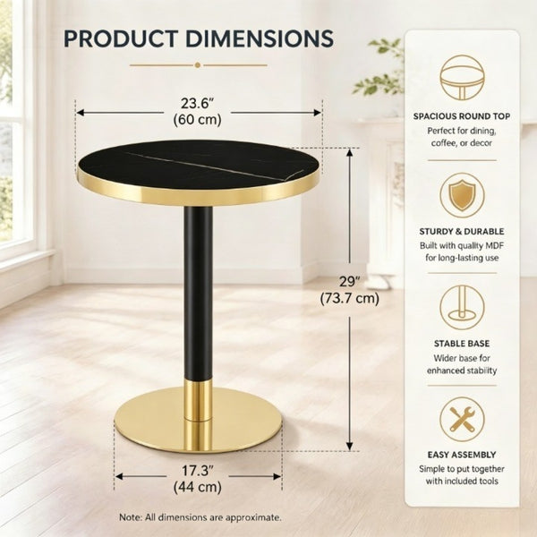 English Elm 23.6 Inch Round Faux Marble Bistro Table with Stainless Steel Edge and Metal Base Black - A W1151P445184