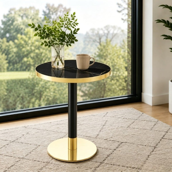English Elm 23.6 Inch Round Faux Marble Bistro Table with Stainless Steel Edge and Metal Base Black - A W1151P445184