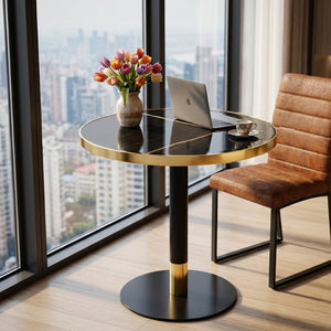 English Elm 23.6 Inch Round Faux Marble Bistro Table with Stainless Steel Edge and Metal Base Black - A W1151P445184