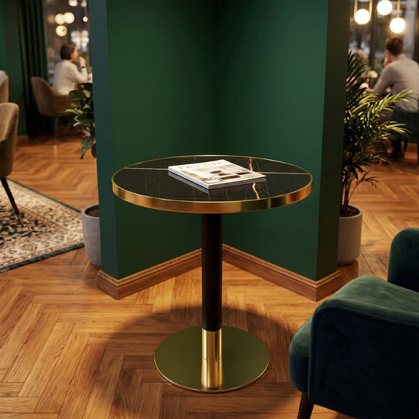 English Elm 23.6 Inch Round Faux Marble Bistro Table with Stainless Steel Edge and Metal Base Black - A W1151P445184