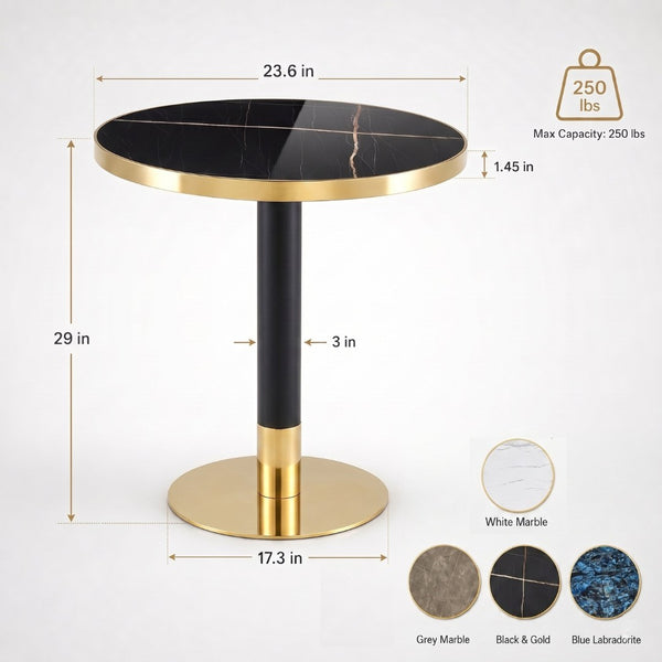 English Elm 23.6 Inch Round Faux Marble Bistro Table with Stainless Steel Edge and Metal Base Black - A W1151P445184