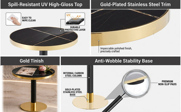 English Elm 23.6 Inch Round Faux Marble Bistro Table with Stainless Steel Edge and Metal Base Black - A W1151P445184