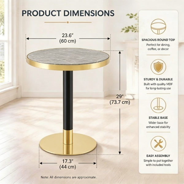 English Elm 23.6 Inch Round Faux Marble Bistro Table with Stainless Steel Edge and Metal Base Grey W1151P445185