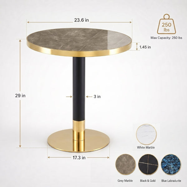 English Elm 23.6 Inch Round Faux Marble Bistro Table with Stainless Steel Edge and Metal Base Grey W1151P445185