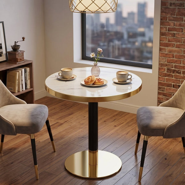 English Elm 23.6 Inch Round Faux Marble Bistro Table with Stainless Steel Edge and Metal Base White W1151P445186