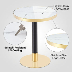 English Elm 23.6 Inch Round Faux Marble Bistro Table with Stainless Steel Edge and Metal Base White W1151P445186
