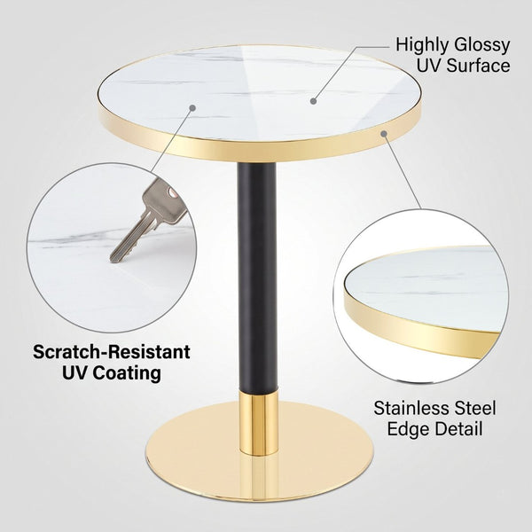 English Elm 23.6 Inch Round Faux Marble Bistro Table with Stainless Steel Edge and Metal Base White W1151P445186