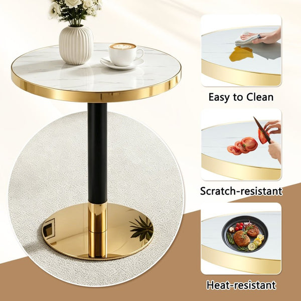 English Elm 23.6 Inch Round Faux Marble Bistro Table with Stainless Steel Edge and Metal Base White W1151P445186