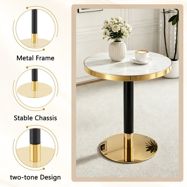 English Elm 23.6 Inch Round Faux Marble Bistro Table with Stainless Steel Edge and Metal Base White W1151P445186