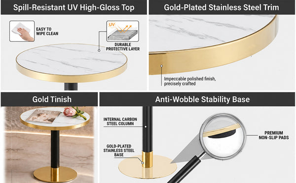 English Elm 23.6 Inch Round Faux Marble Bistro Table with Stainless Steel Edge and Metal Base White W1151P445186