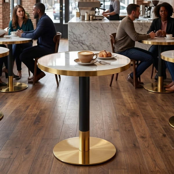 English Elm 23.6 Inch Round Faux Marble Bistro Table with Stainless Steel Edge and Metal Base White W1151P445186