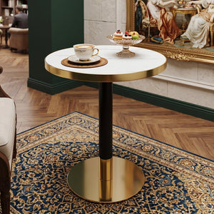 English Elm 23.6 Inch Round Faux Marble Bistro Table with Stainless Steel Edge and Metal Base White W1151P445186