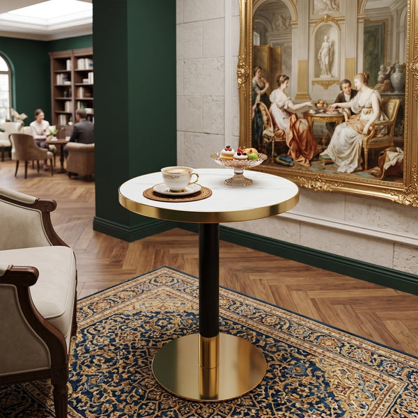 English Elm 23.6 Inch Round Faux Marble Bistro Table with Stainless Steel Edge and Metal Base White W1151P445186